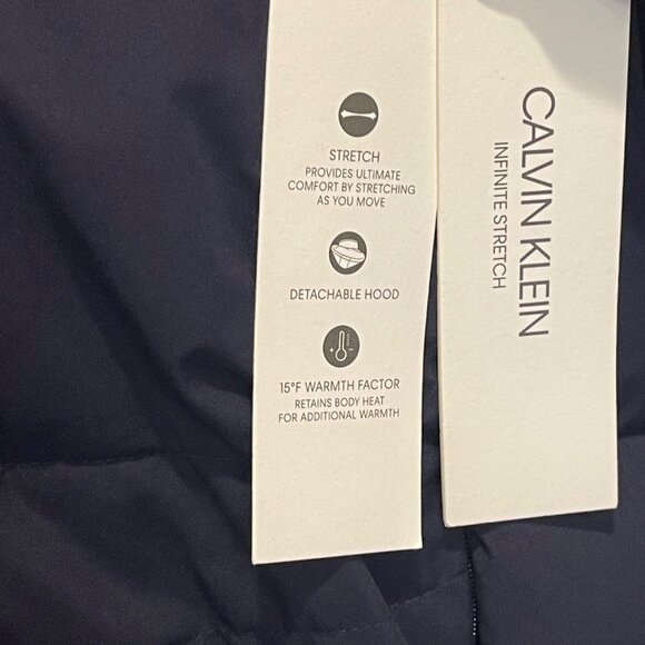 NWT Calvin Klein Womens Puffer Jacket Infinite Stretch Fur-Trim Hood XL Navy NEW - Picture 7 of 11